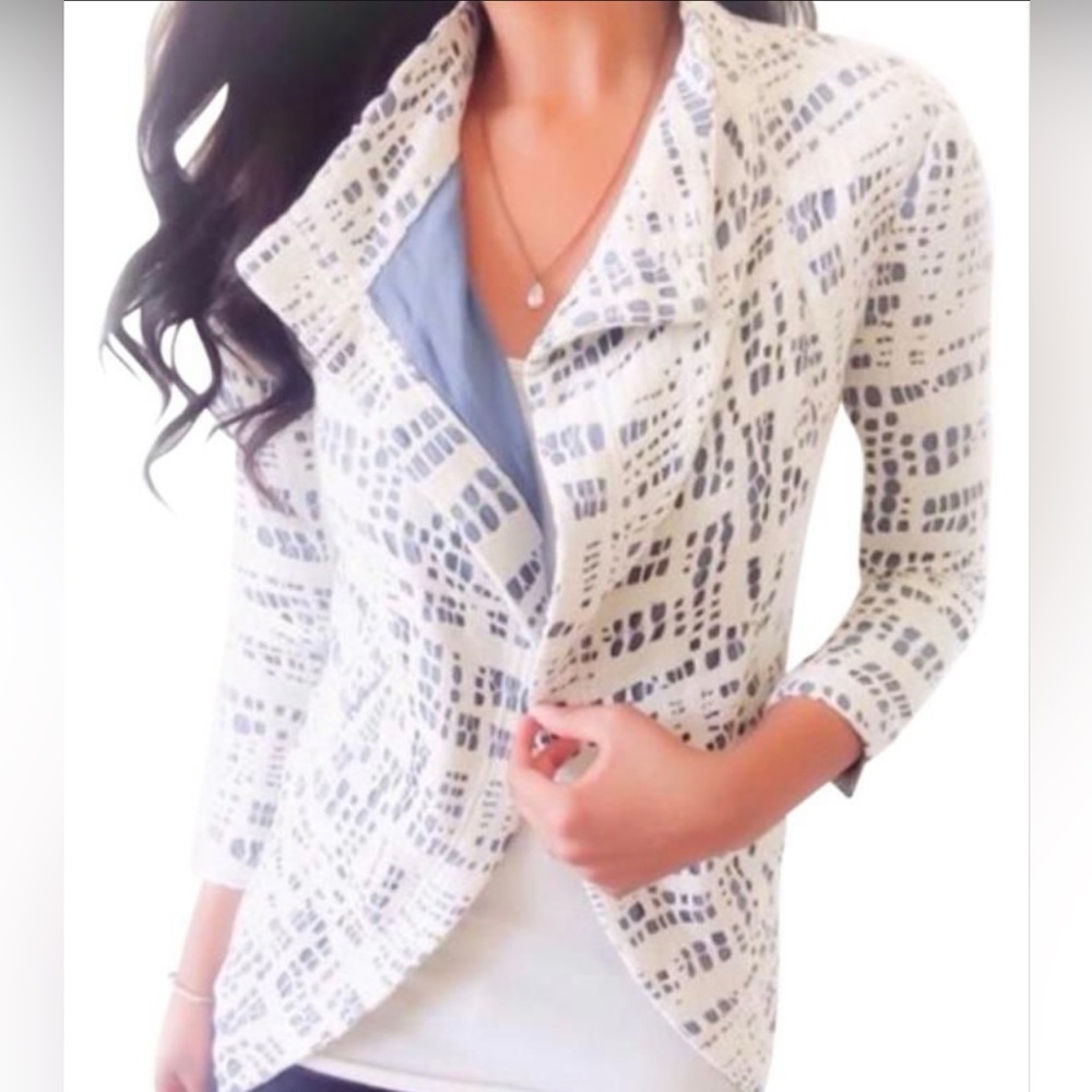 Anthro blue and white cropped blazer